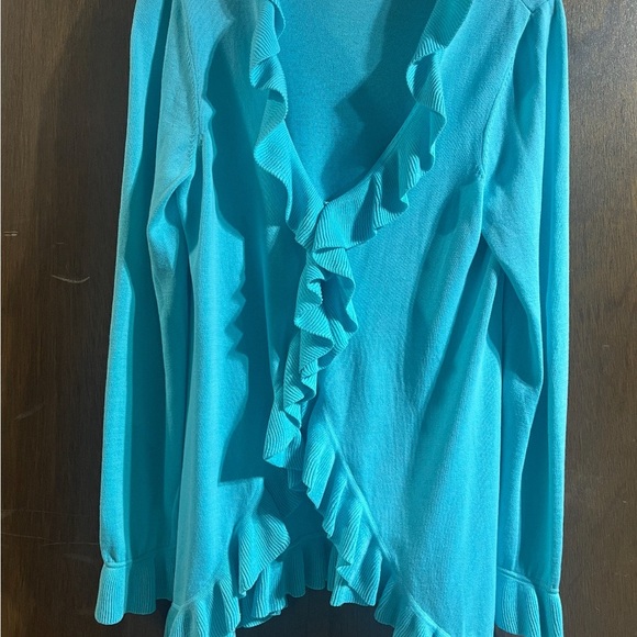 Lilly Pulitzer Ruffle Trim Cardigan Sweater Blue Cotton Women’s L - Picture 6 of 7